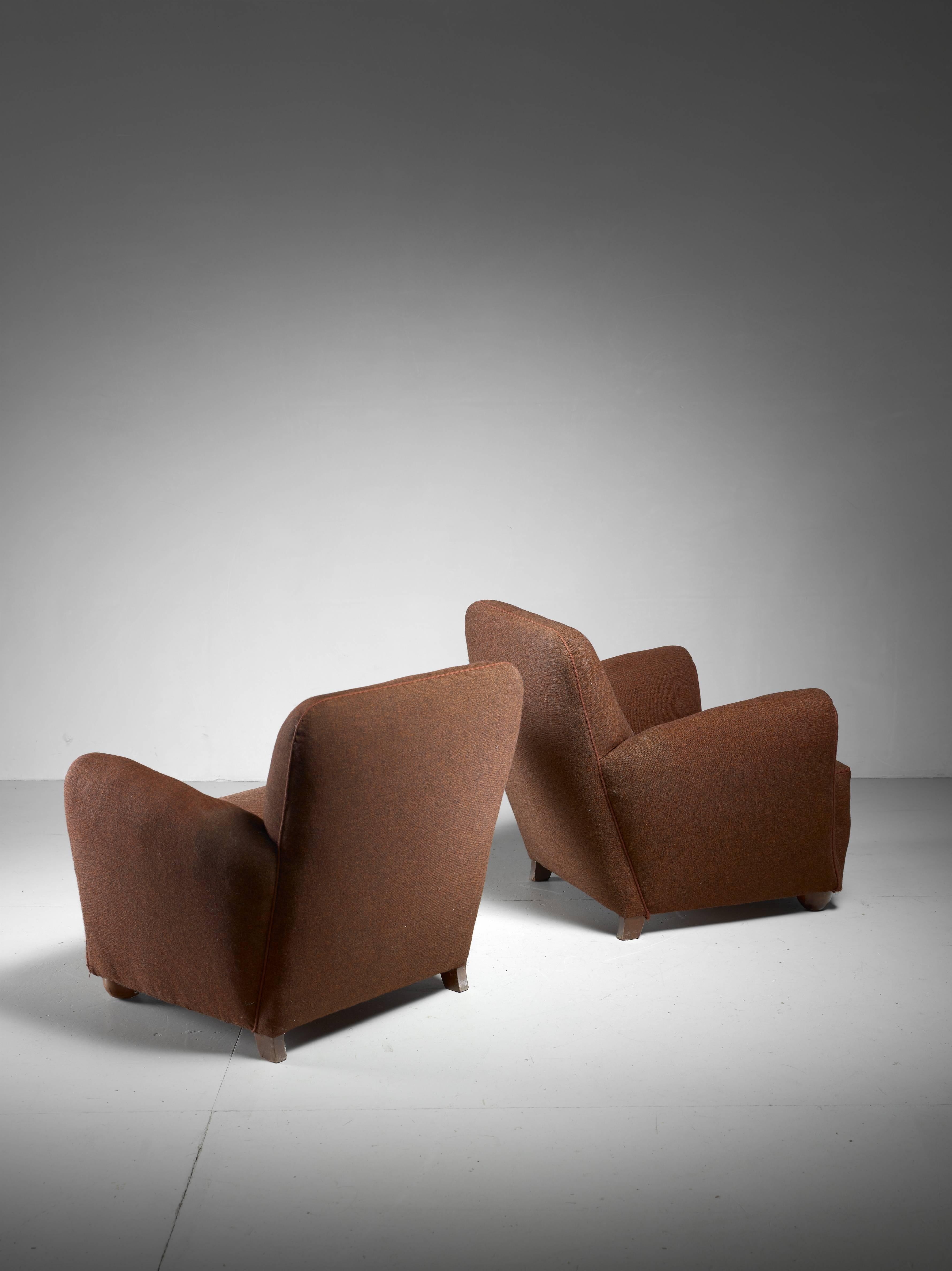Stained Pair of Danish Lounge Chairs with Brown Upholstery, 1940s