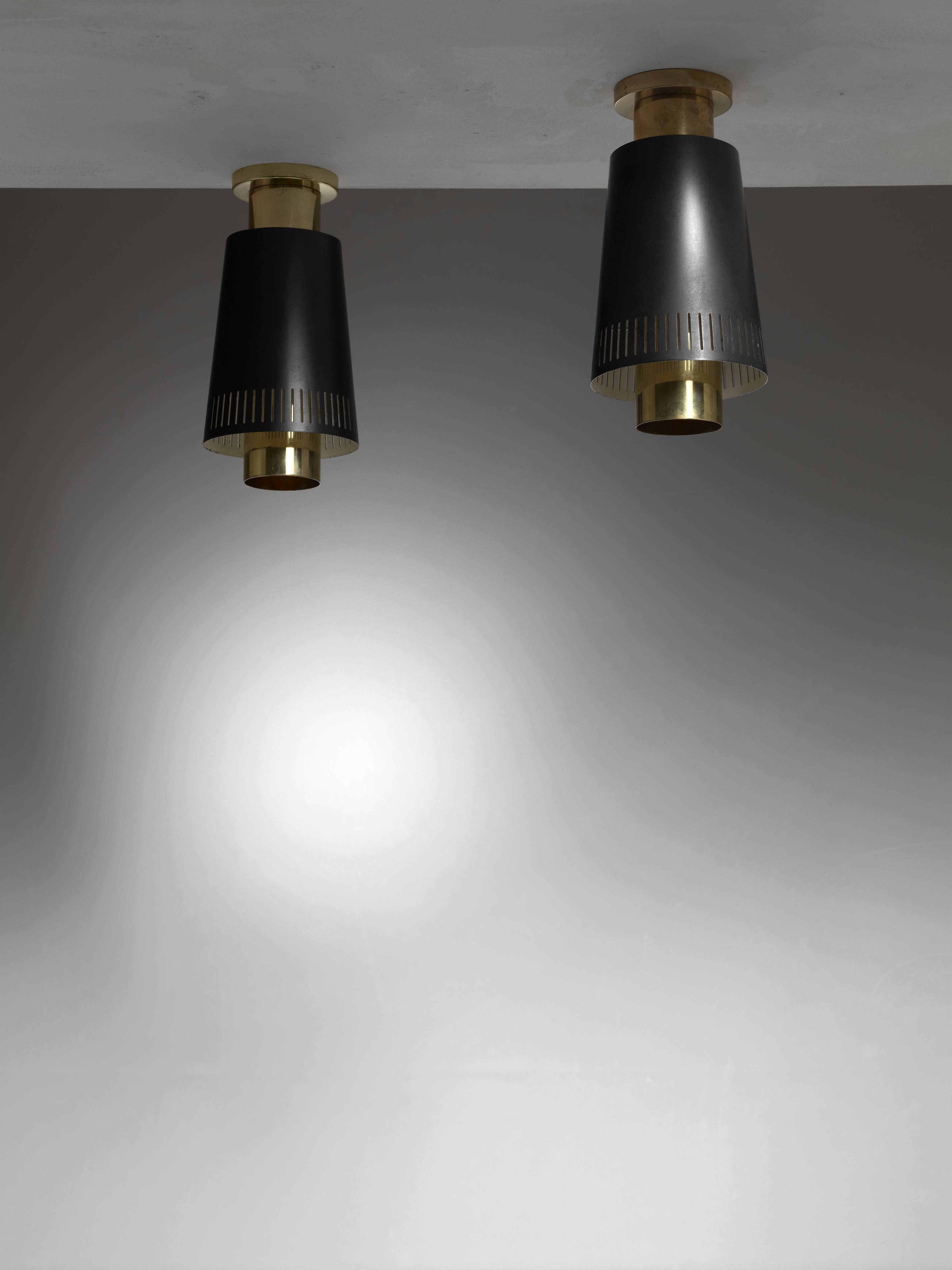 Scandinavian Modern Pair of Paavo Tynell Black and Brass Ceiling Lamps for Taito, Finland, 1950s For Sale