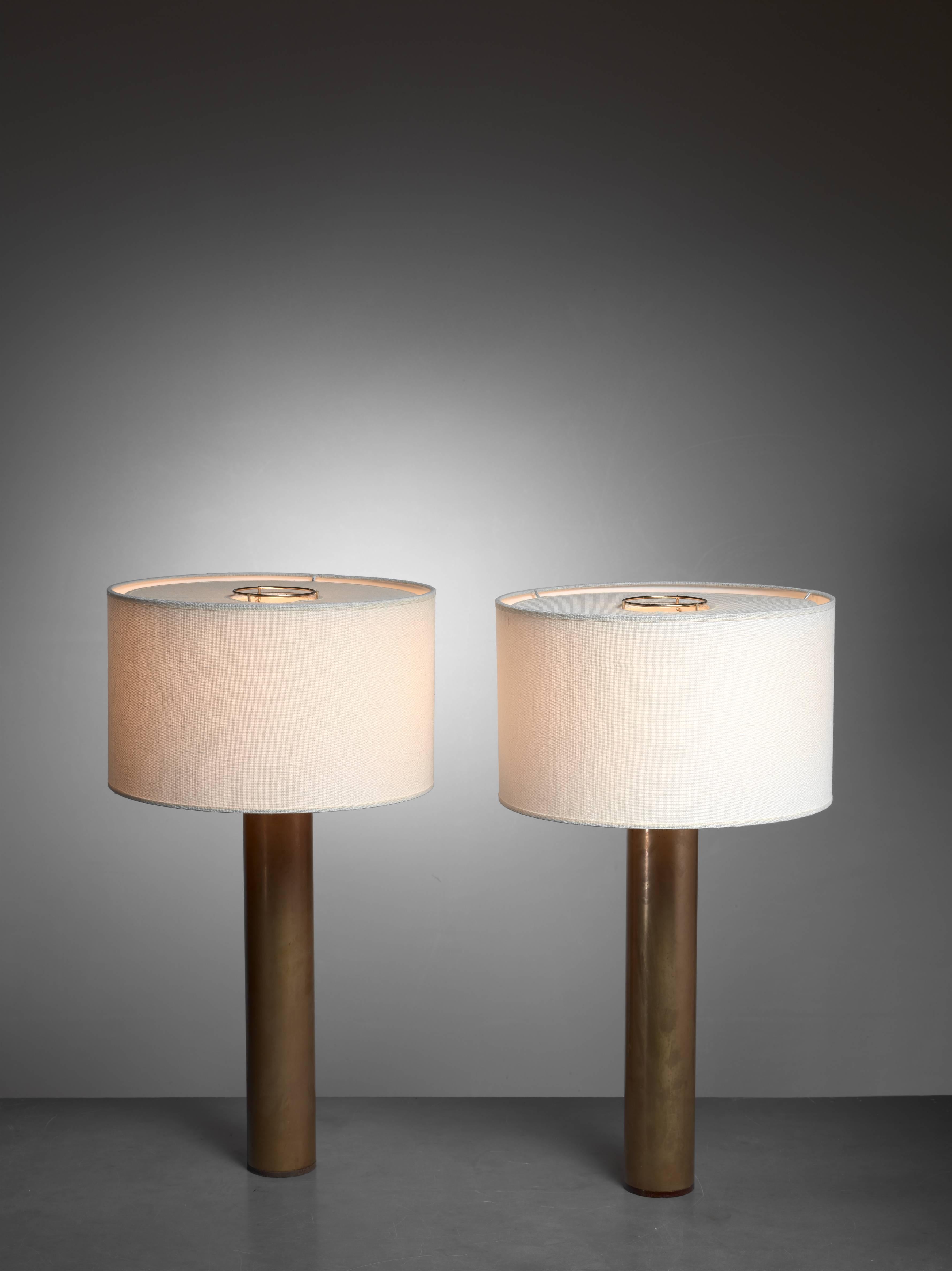 Scandinavian Modern Pair of Brass Cylindrical Table Lamps, Sweden, 1940s