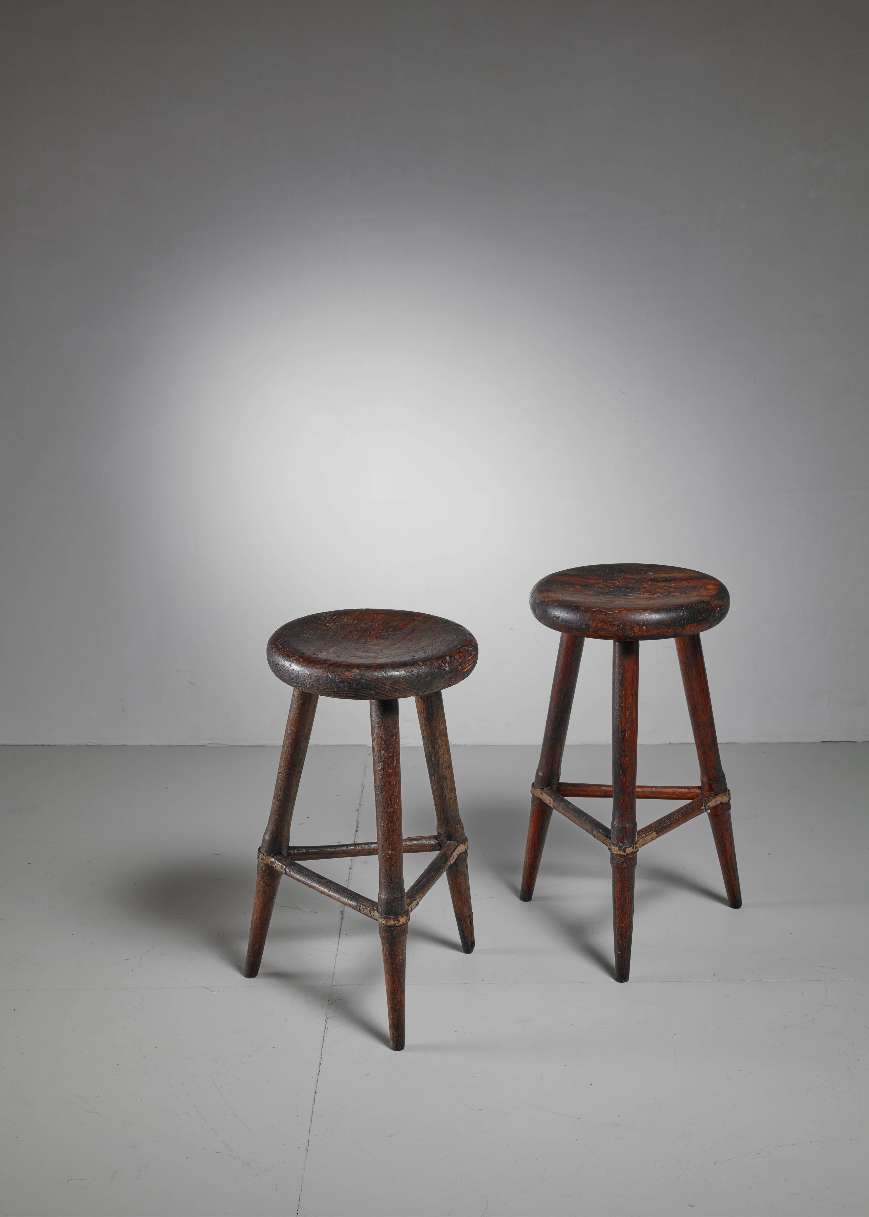 Scandinavian Modern Pair of High Scandinavian Wooden Tripod Stools with Iron Connections, 1930s For Sale