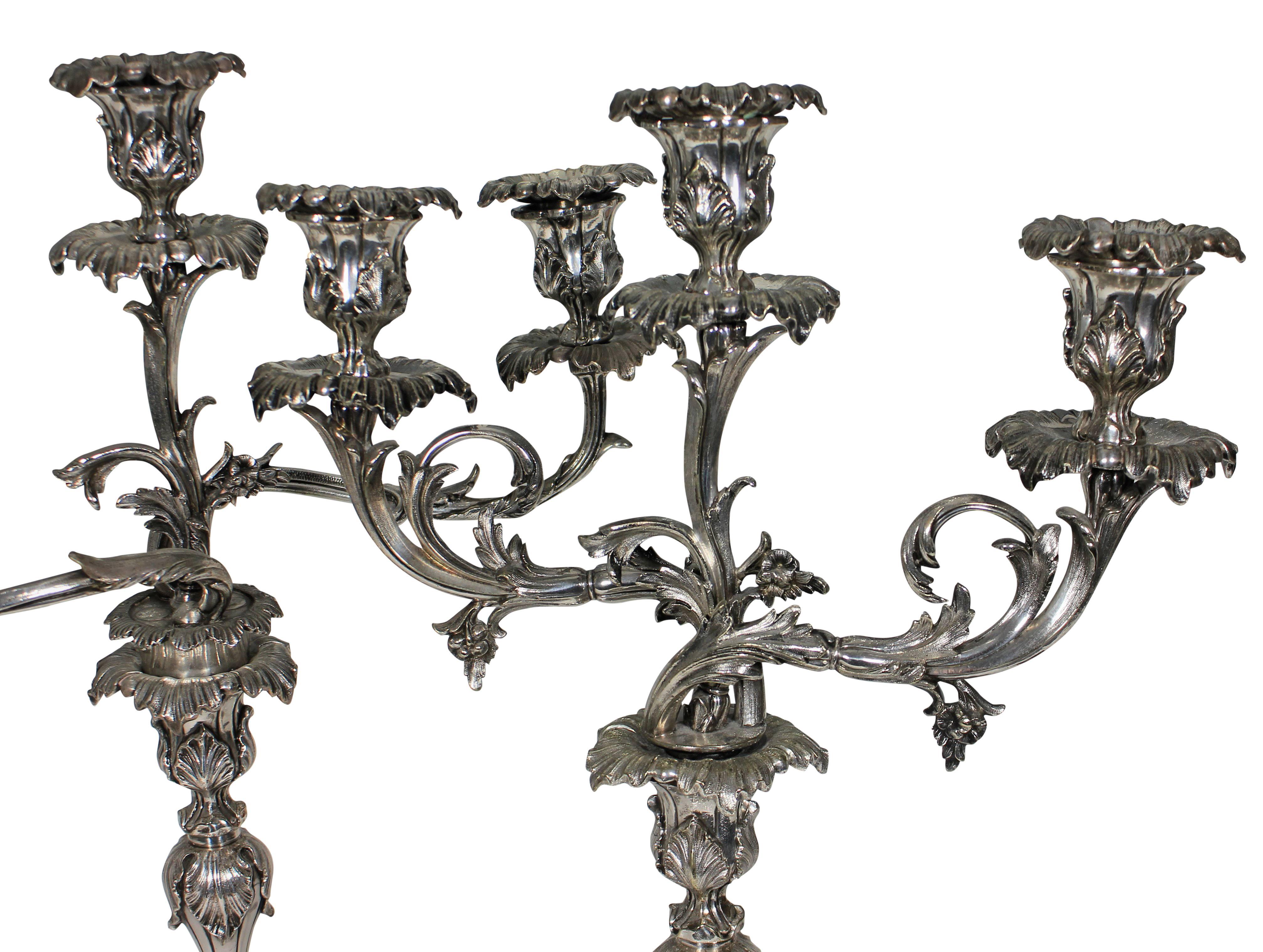 A pair of fine English silver plated bronze candelabra by Elkington & Co (stamped). Of a profuse foliate design. (Matched).
 