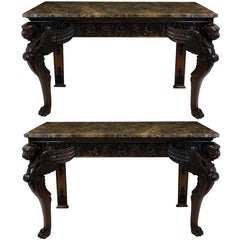 Pair of Large English Mahogany and Marble Console Tables
