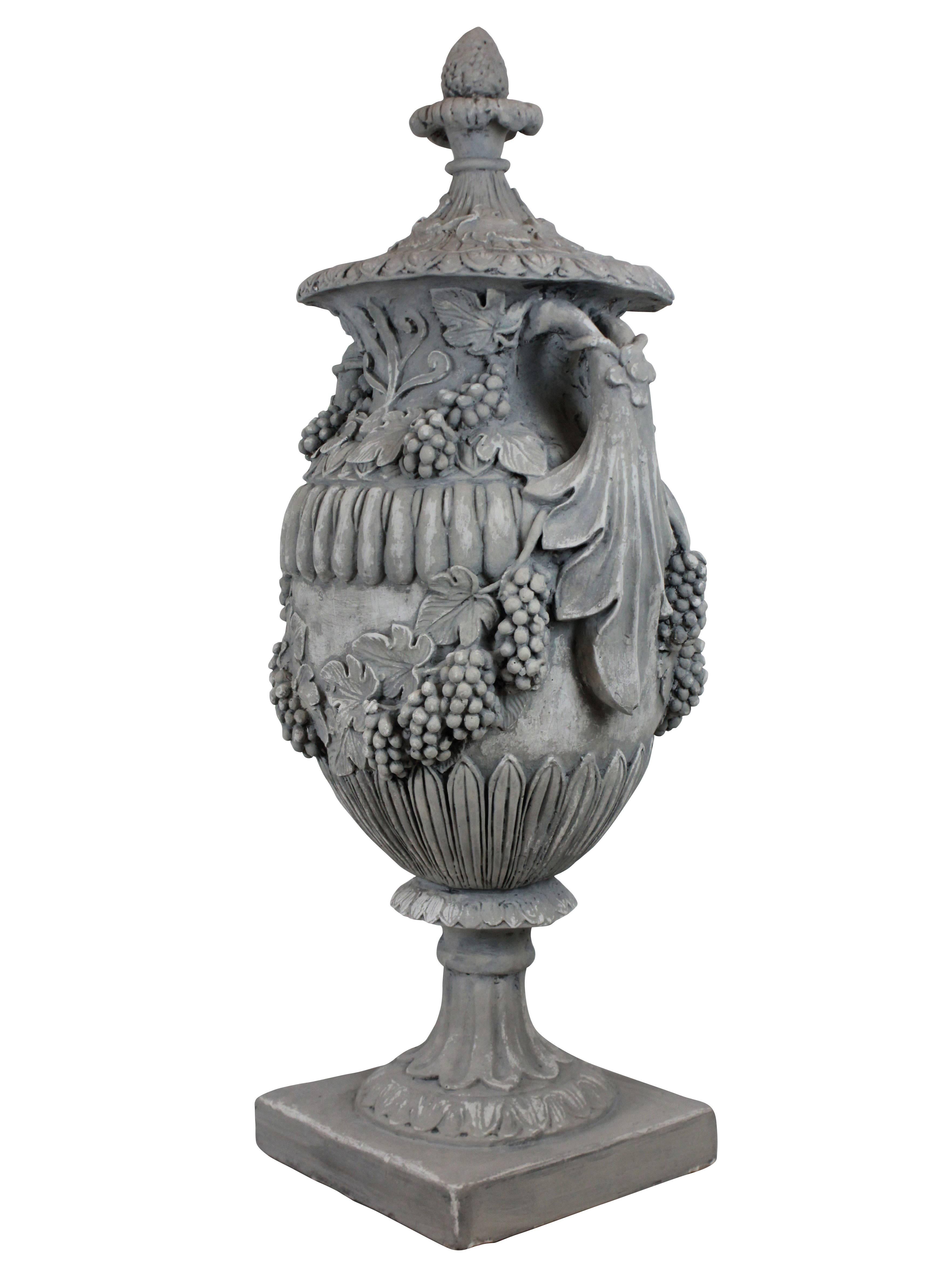 English Pair of Large Plaster Urns on Marble Plinths