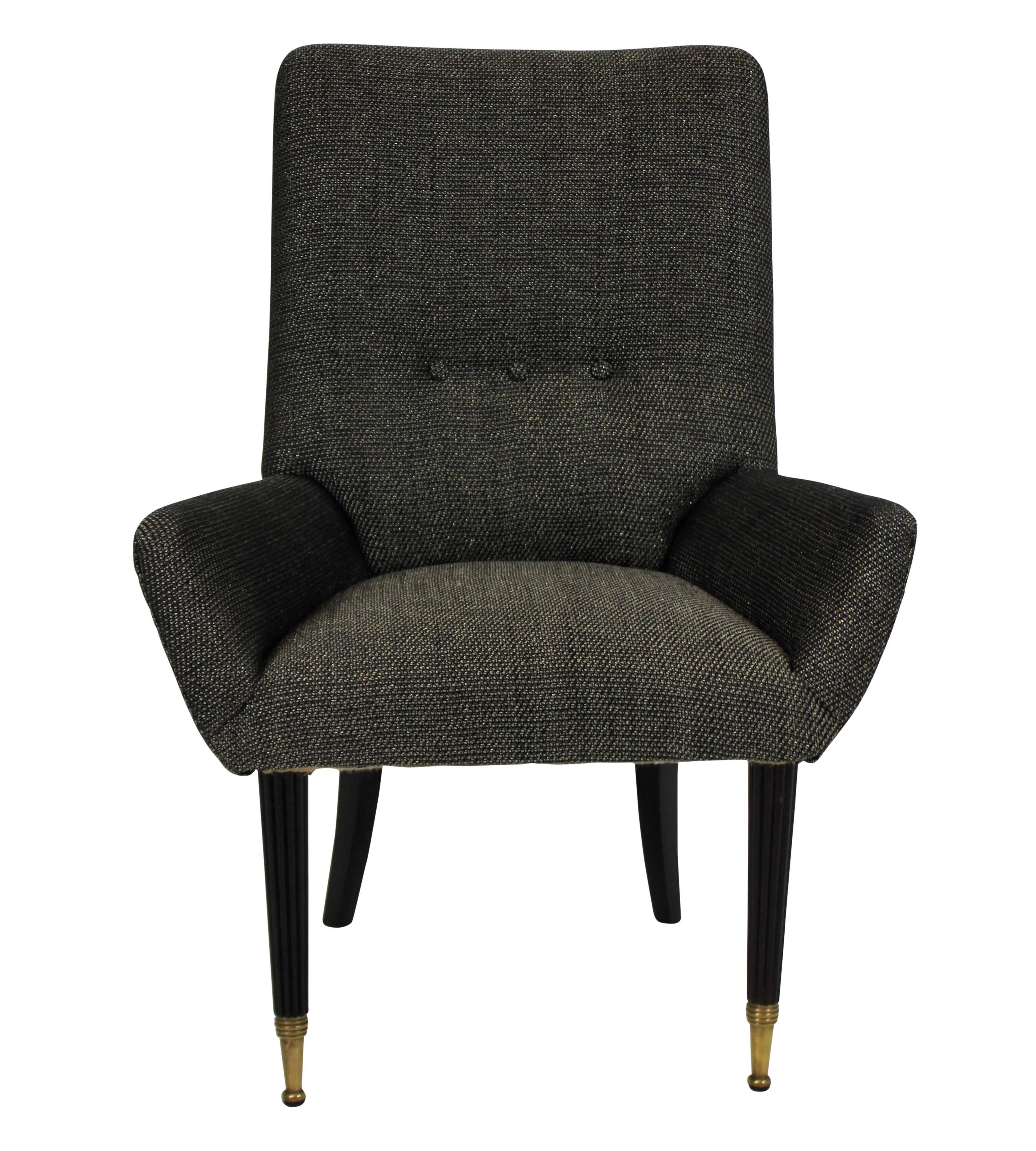A pair of stylish Italian bedroom chairs on tapering fluted legs with brass sabot. Newly upholstered in a Dedar fabric.
 