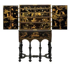 Antique William & Mary Black and Gilt Japanned Cabinet on Stand