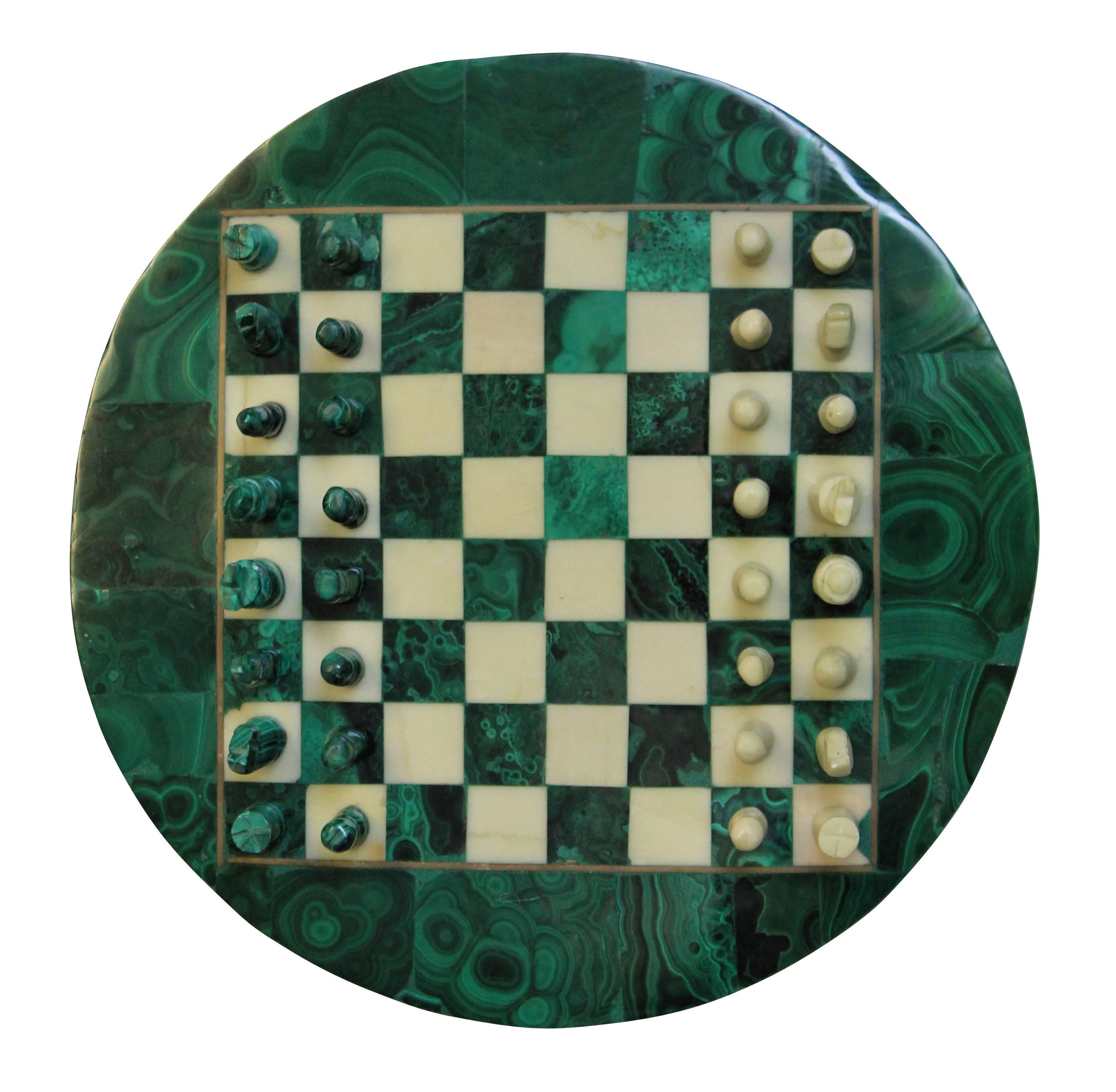 A Russian Travelling Malachite & white marble Chess Board.