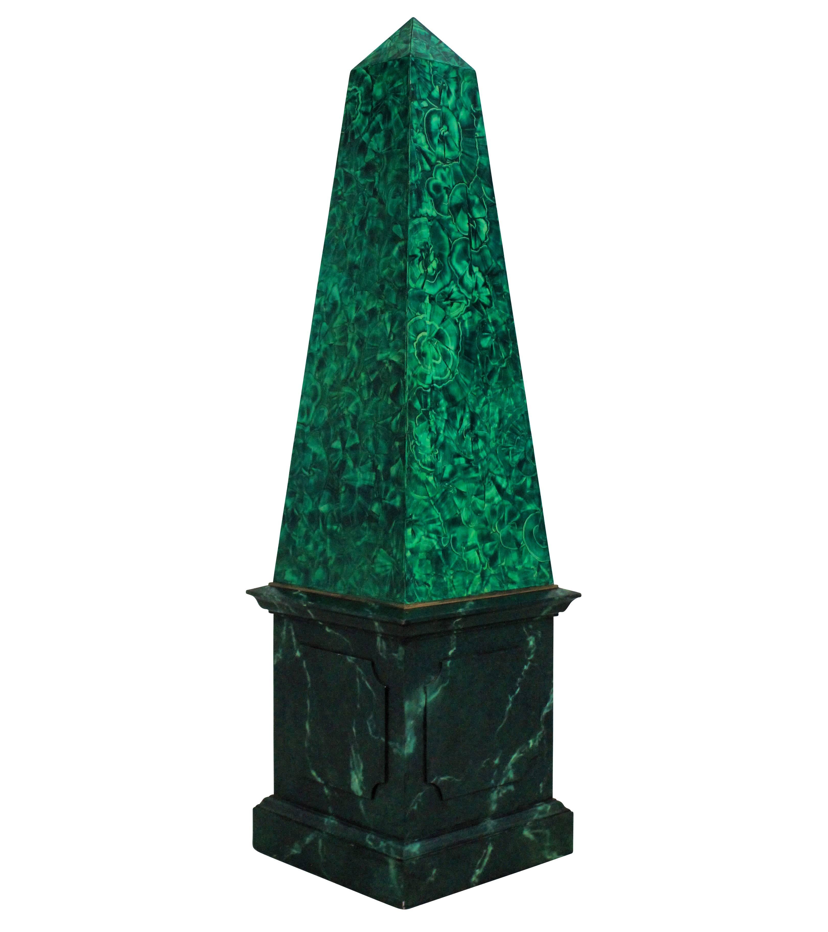 A pair of large French faux malachite obelisks. Of good scale and hand-painted.