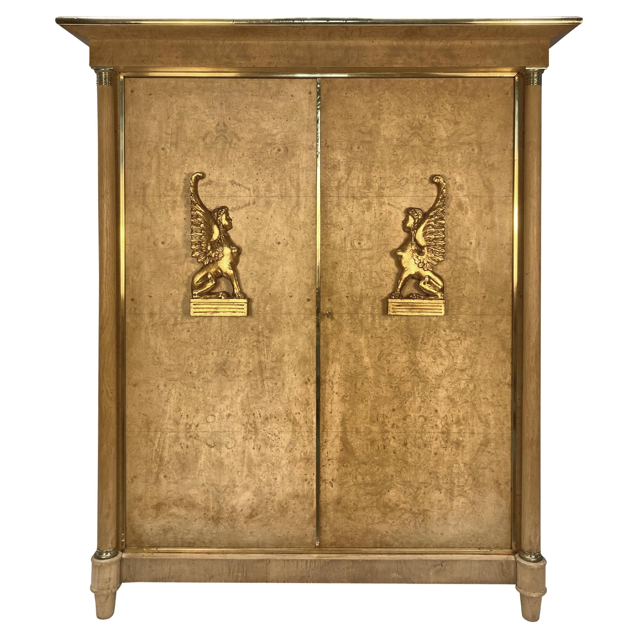 Large Swedish Empire Revival Cupboard In Bleached Birds Eye Maple & Brass For Sale