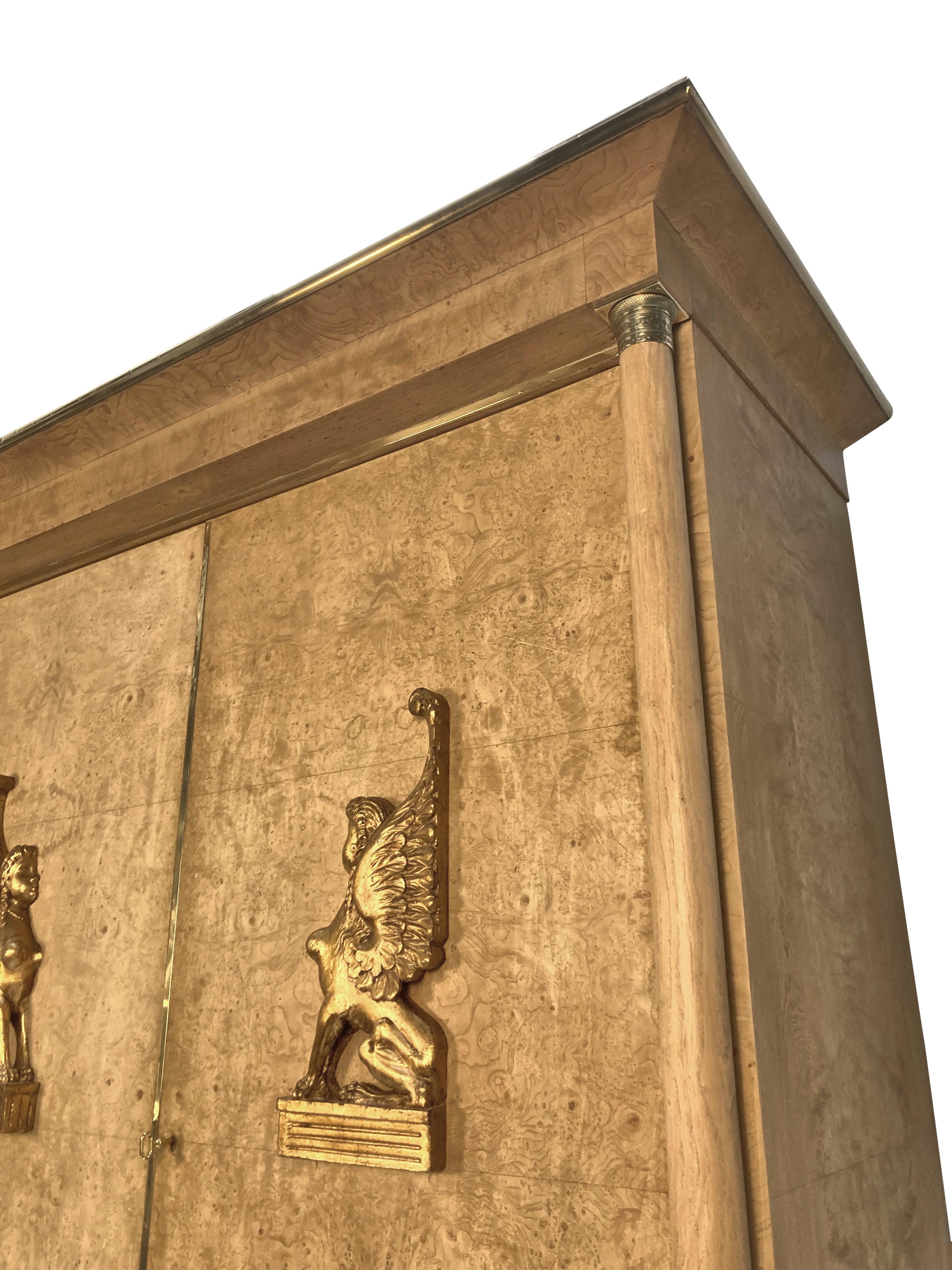 Large Swedish Empire Revival Cupboard In Bleached Birds Eye Maple & Brass For Sale 2