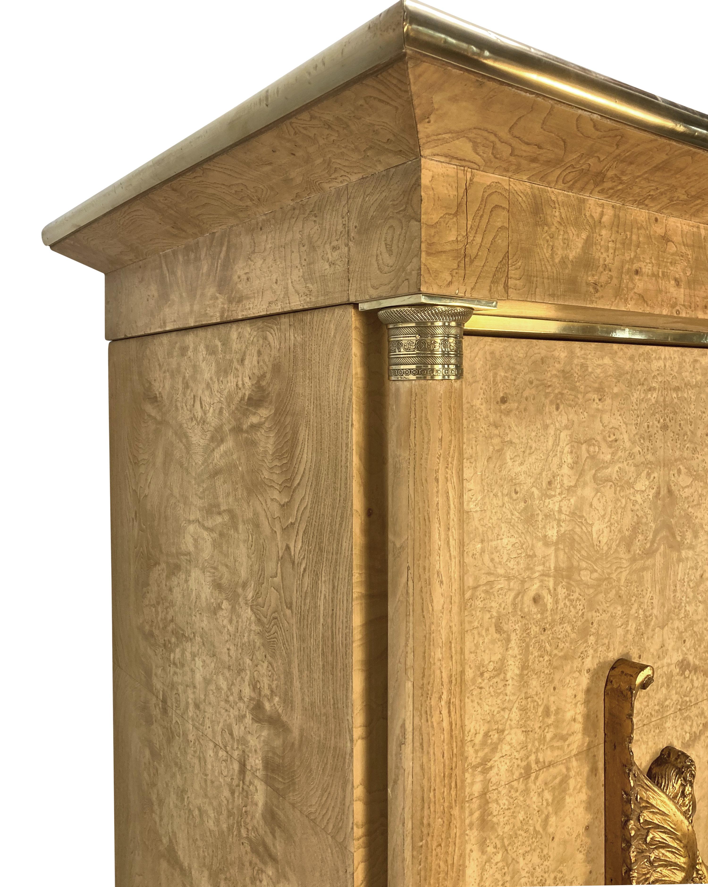 Large Swedish Empire Revival Cupboard In Bleached Birds Eye Maple & Brass For Sale 1