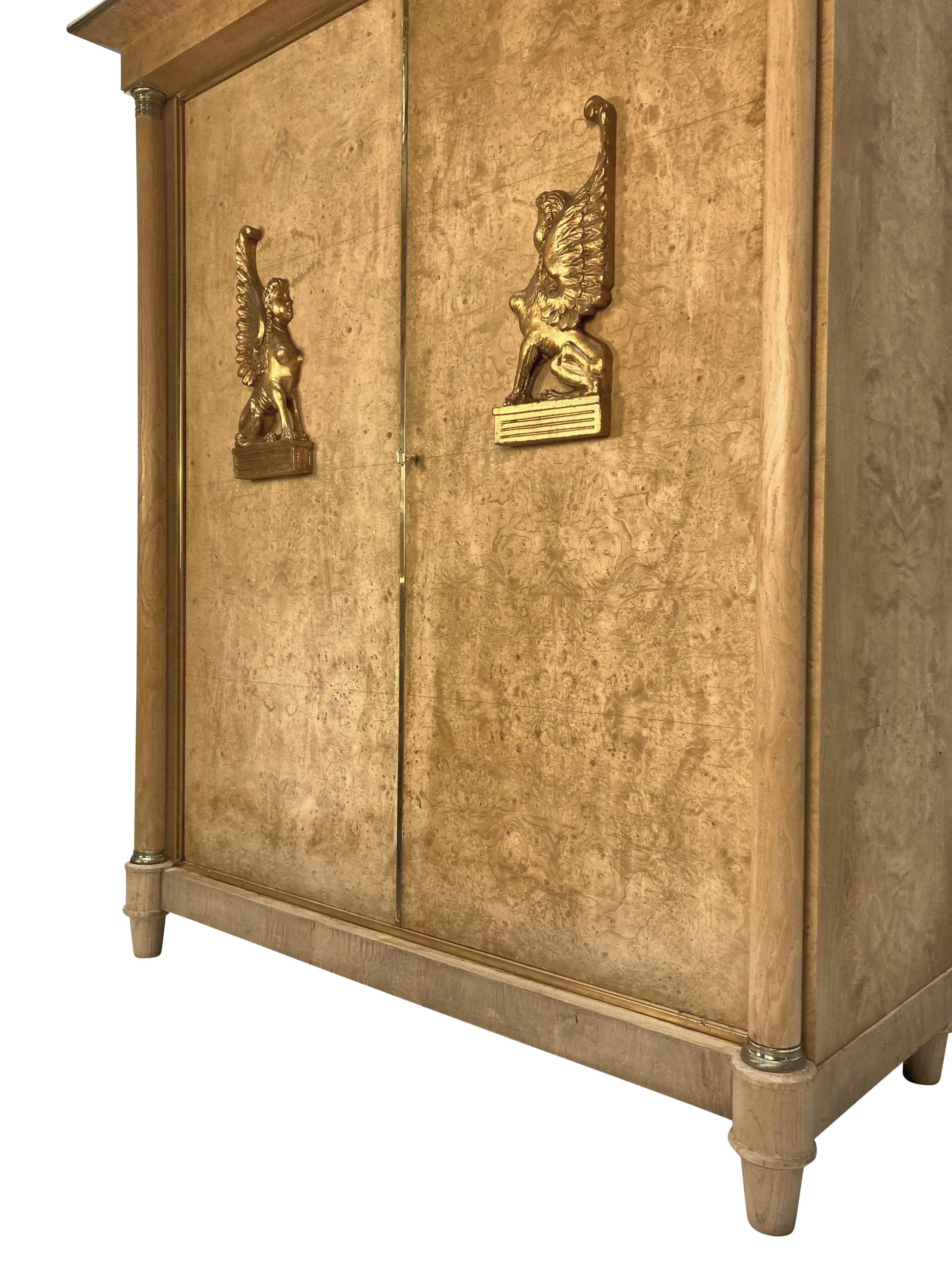 Mid-20th Century Large Swedish Empire Revival Cupboard In Bleached Birds Eye Maple & Brass For Sale
