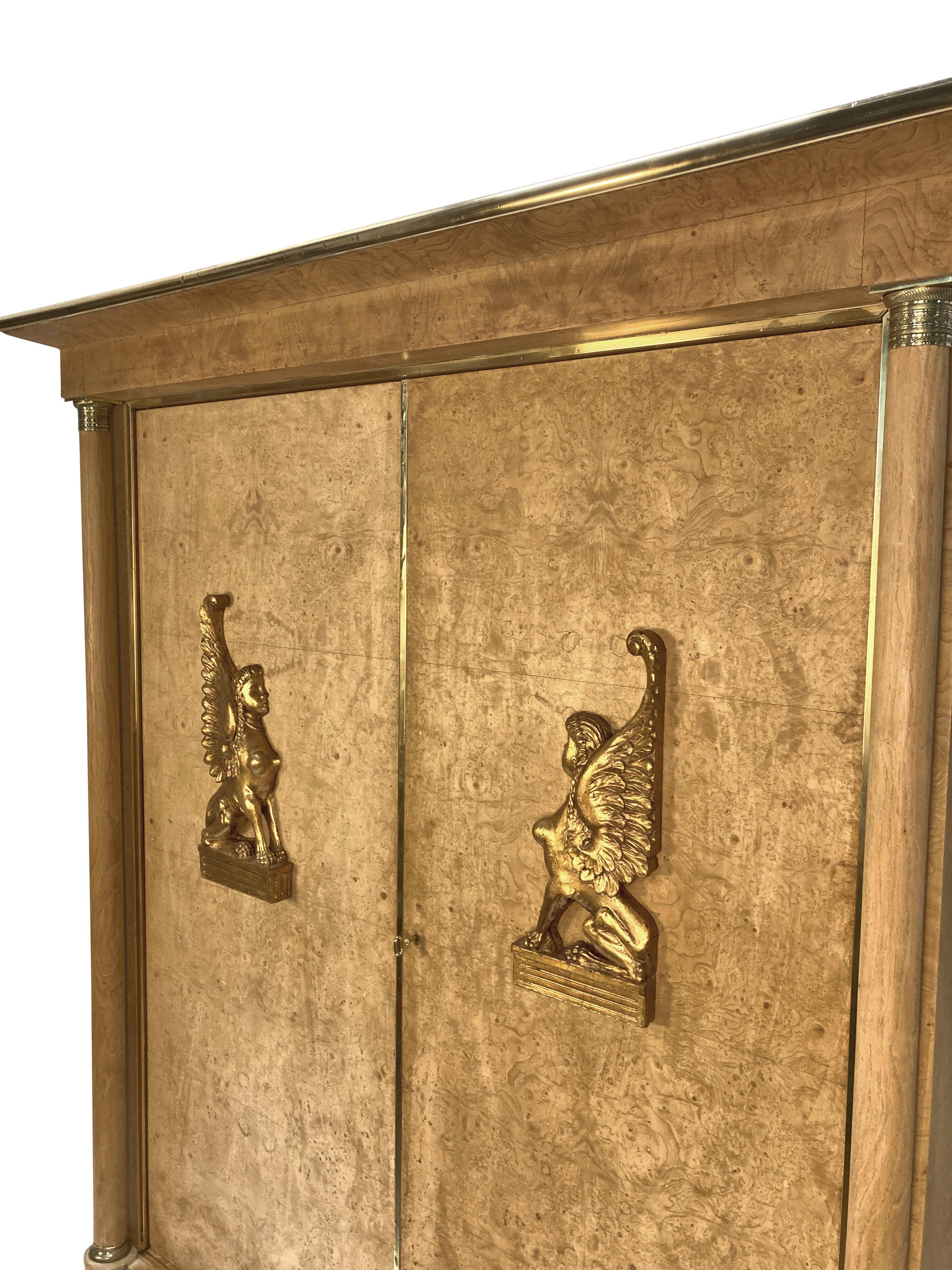 Large Swedish Empire Revival Cupboard In Bleached Birds Eye Maple & Brass In Good Condition For Sale In Kent, Dover