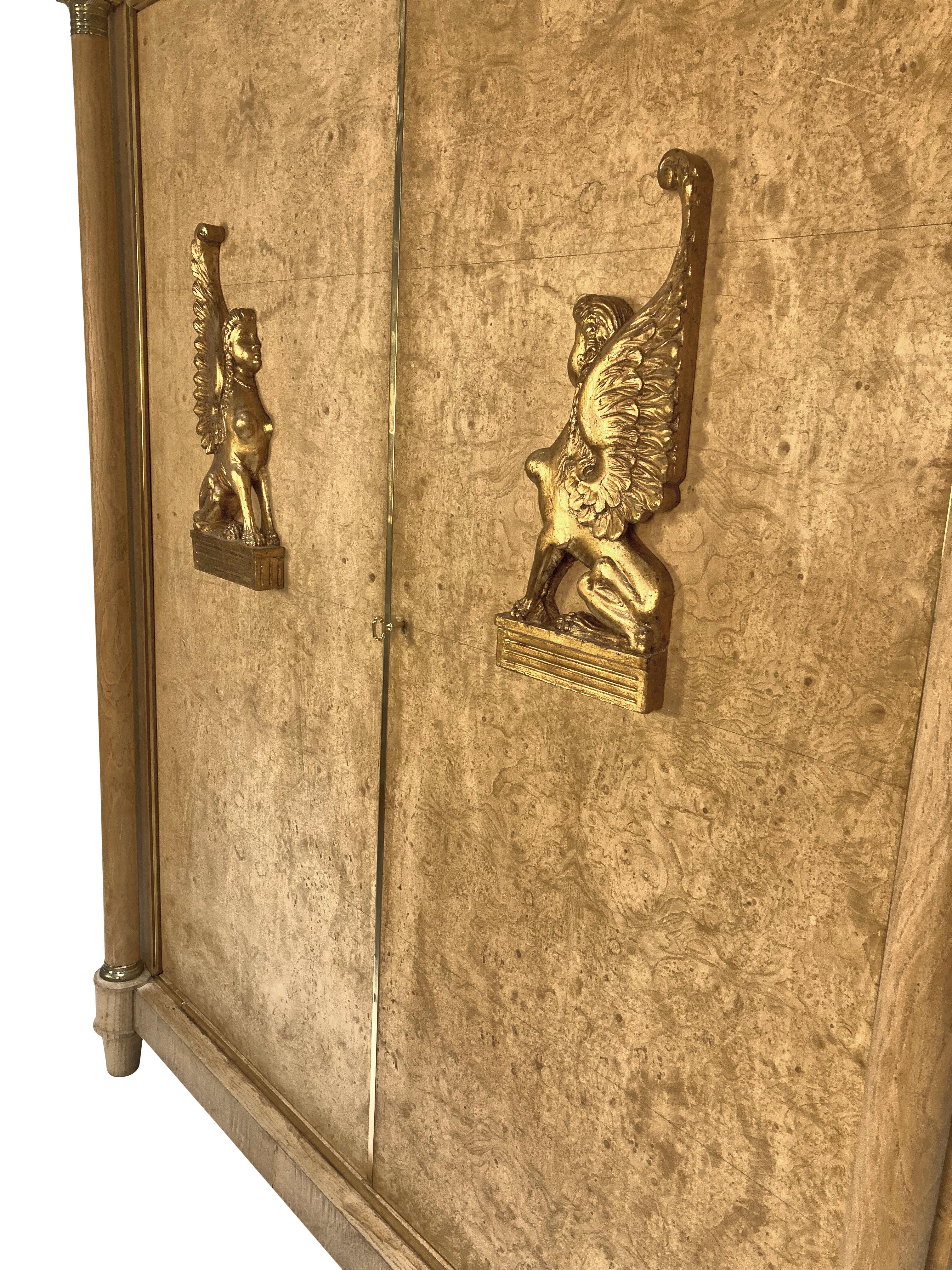 Large Swedish Empire Revival Cupboard In Bleached Birds Eye Maple & Brass For Sale 3