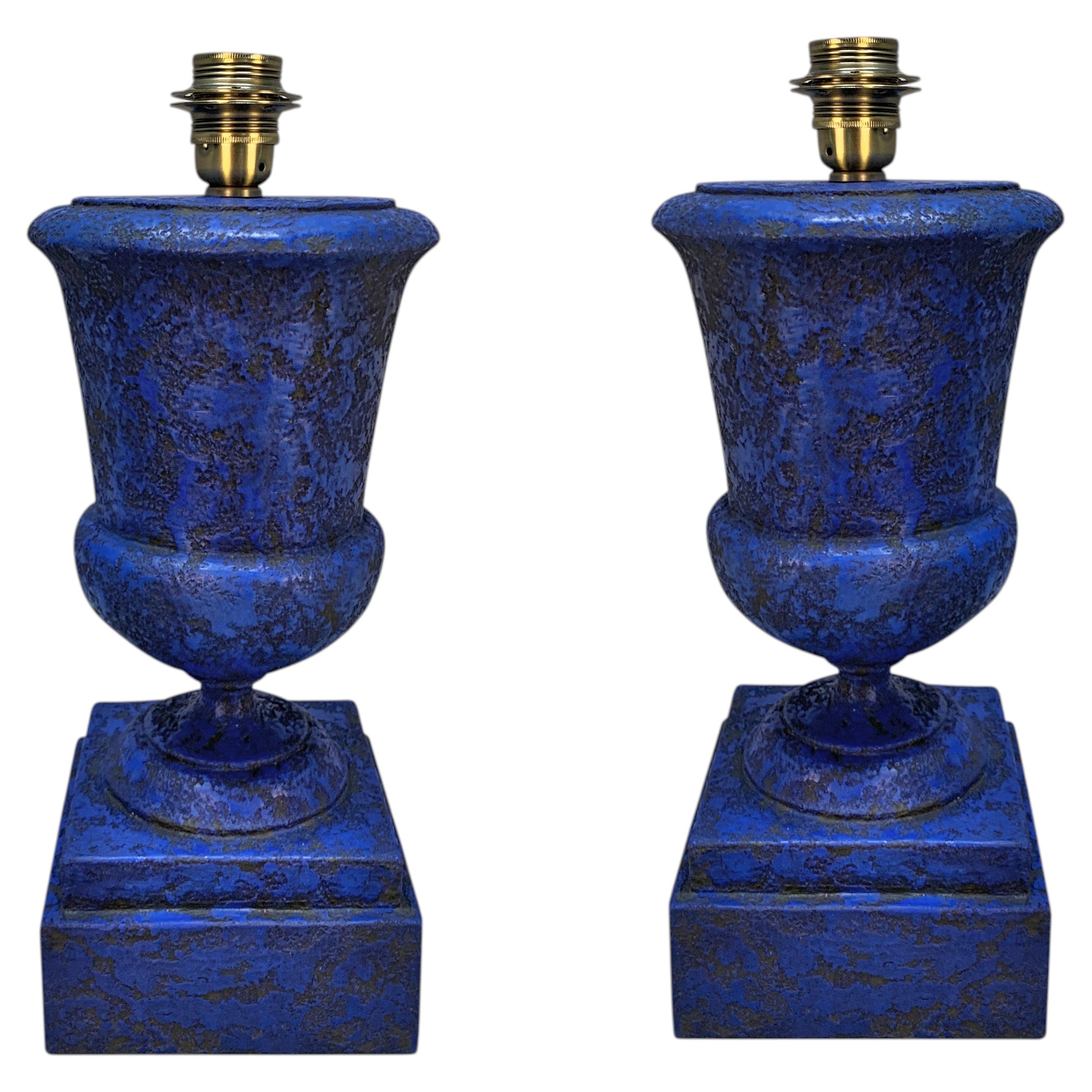 A Pair Of Italian Lapis Lazuli Effect Wooden Urn Lamps For Sale