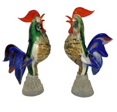 A Pair Of Midcentury Hand-Blown Murano Glass Cockerels