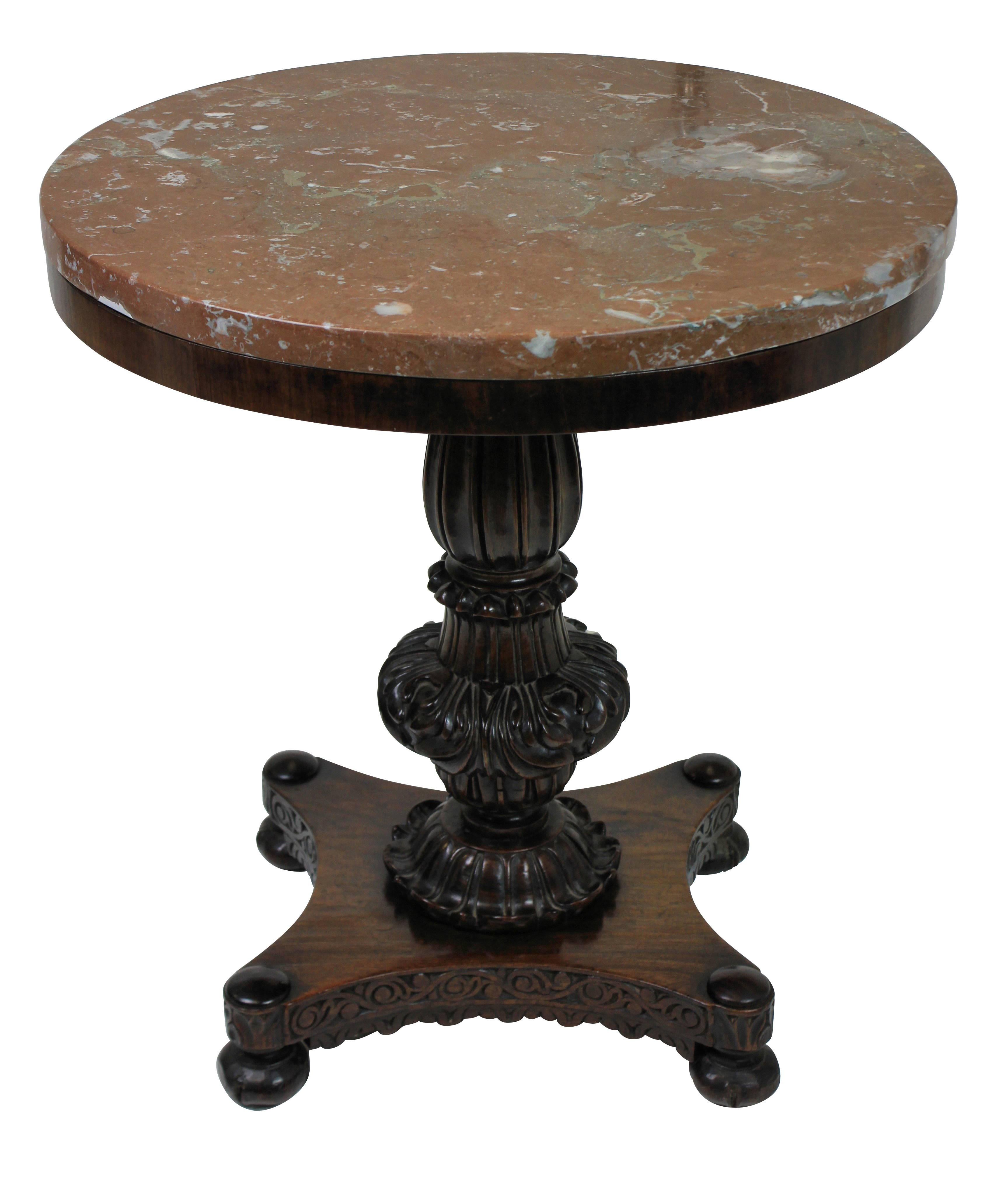 A fine Anglo Indian rosewood side table, finely carved with a Gris St Anne marble top.
   