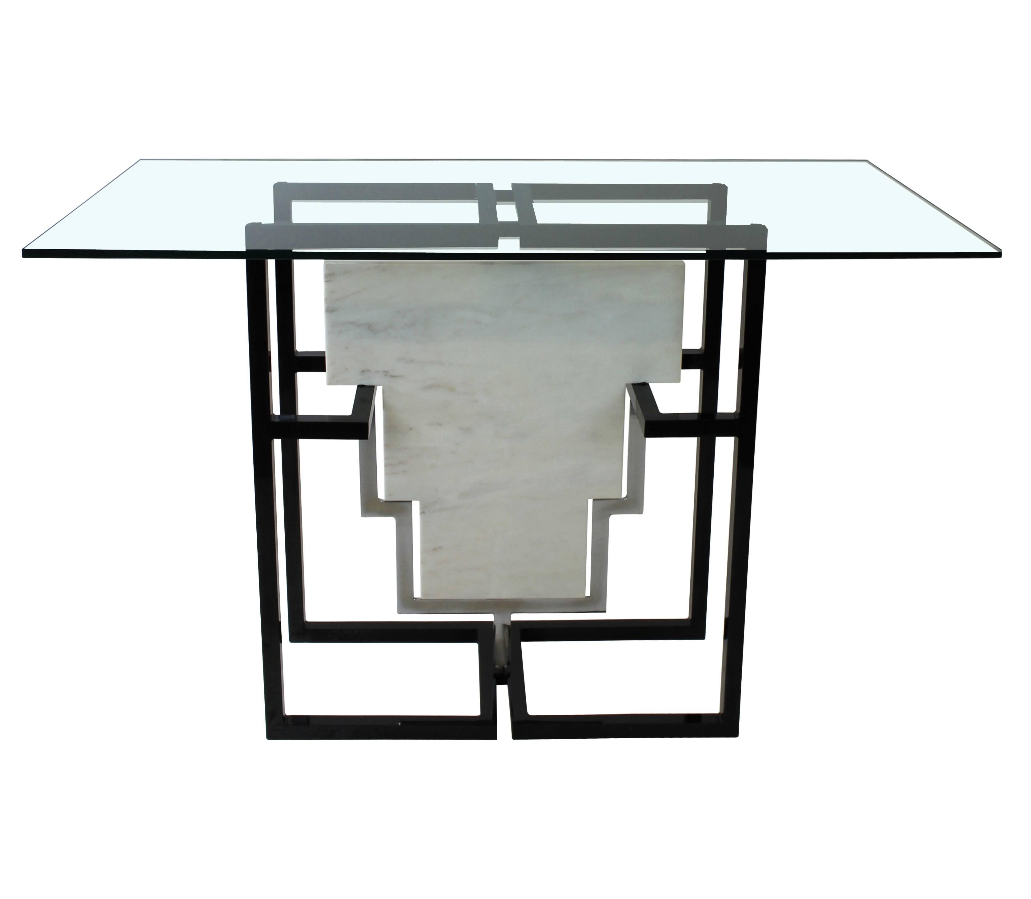 A pair of large French Modernist console tables of geometric form, which are freestanding and can be viewed from all sides. In enameled steel, marble and glass.