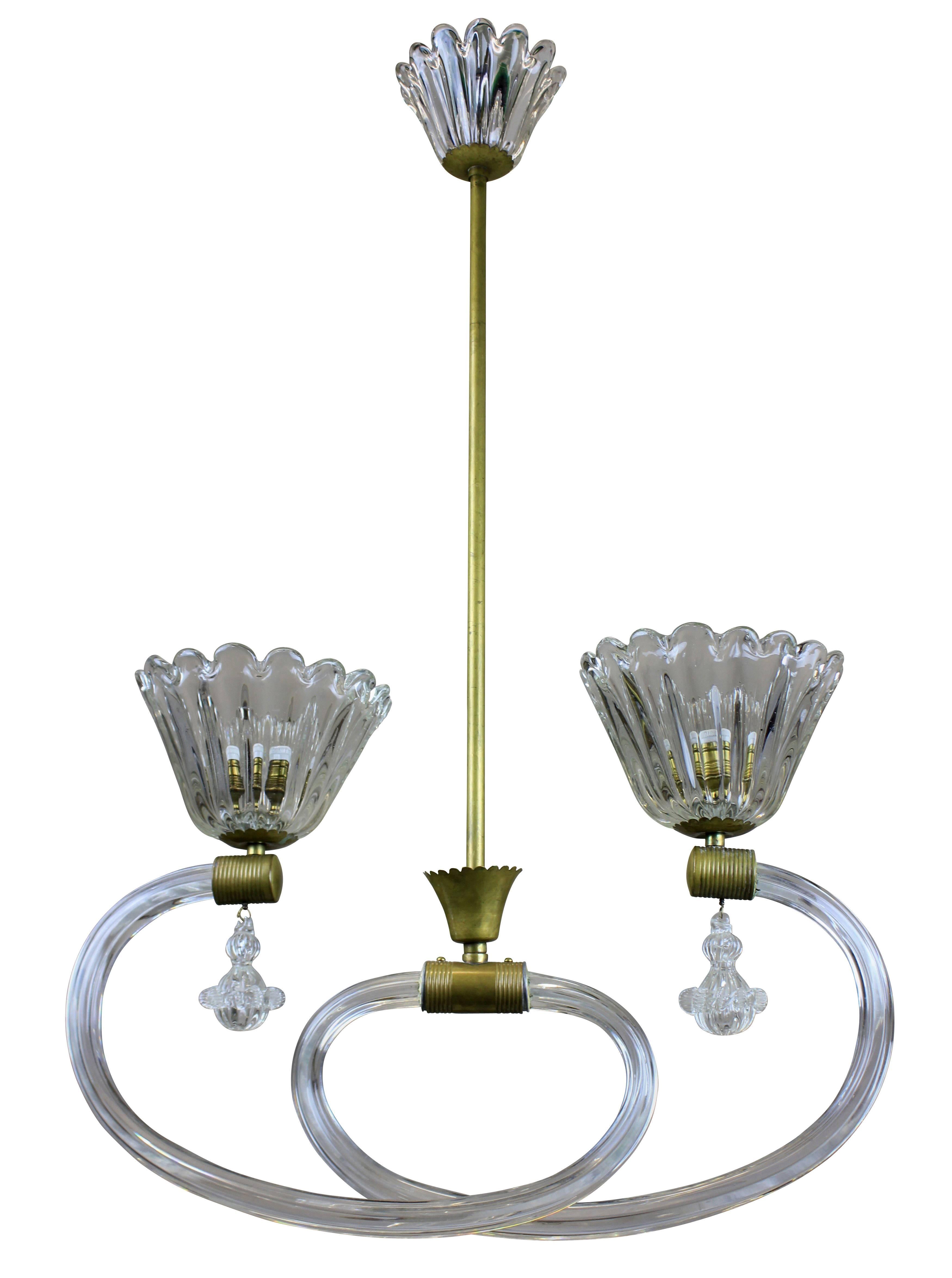 An Italian pendant light by Barovier in brass and handblown glass.