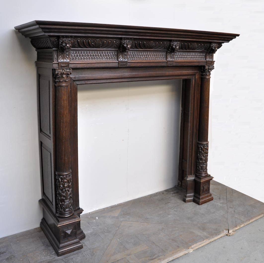 French Renaissance Revival Style Carved Oak Fireplace, 19th Century For Sale