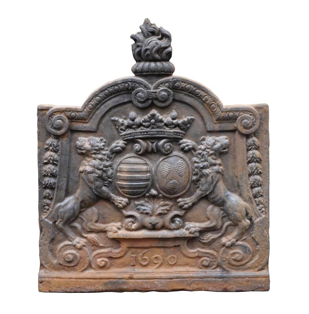 Cast Iron Fireback with Two Lions from Either Side of a Crowned Coat of Arms