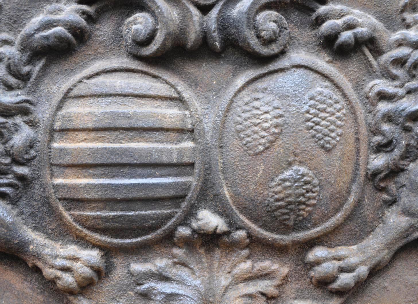 Renaissance Revival Cast Iron Fireback with Two Lions from Either Side of a Crowned Coat of Arms