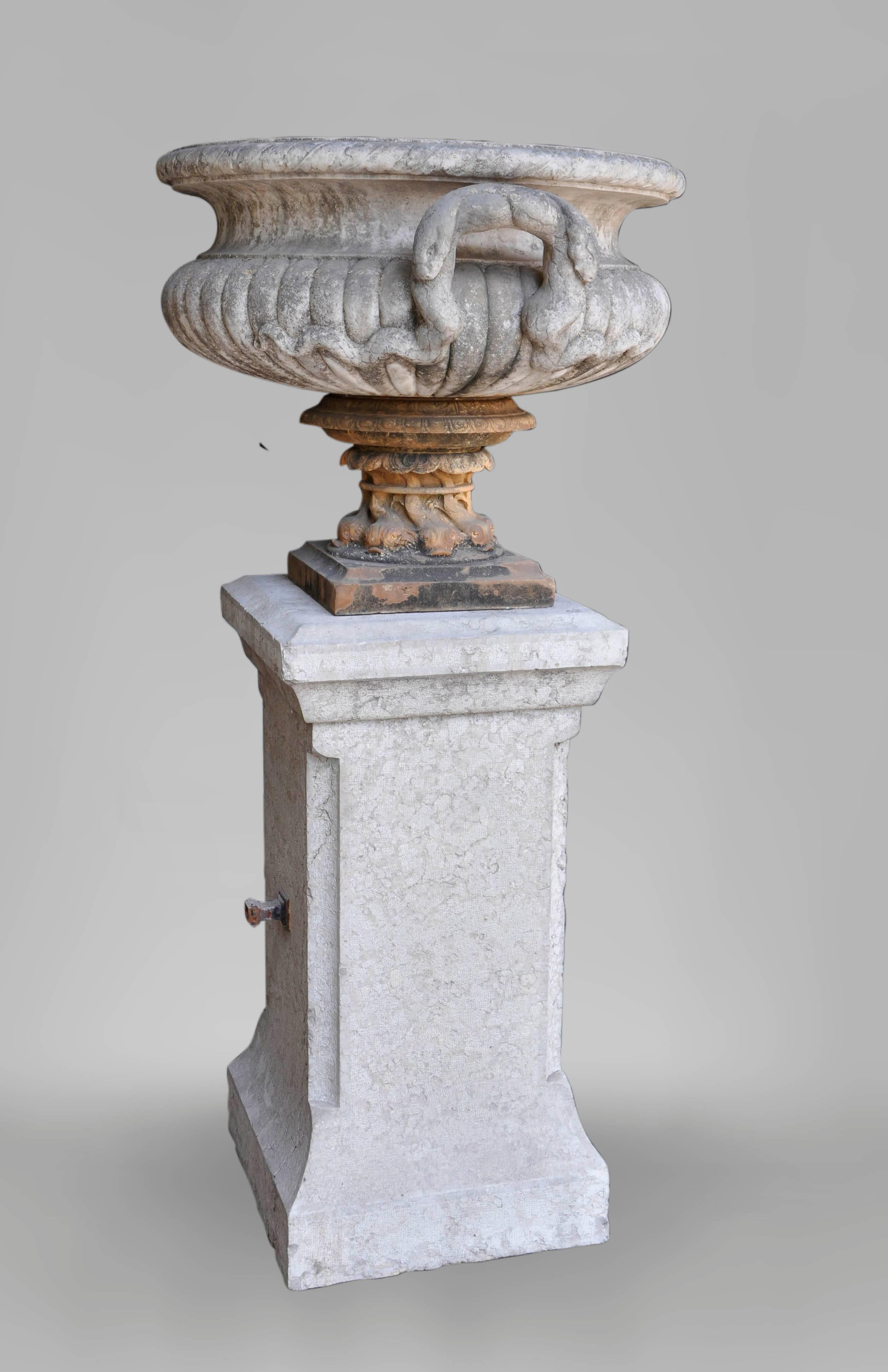 Louis XVI Four Marble Italian Vases with Terracotta Pedestals, 18th Century For Sale