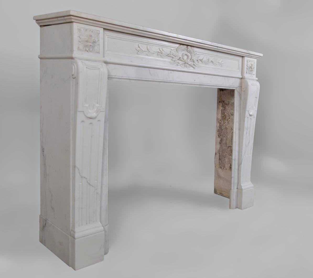 Carved 19th Century Louis XVI Style Fireplace in Carrara Marble