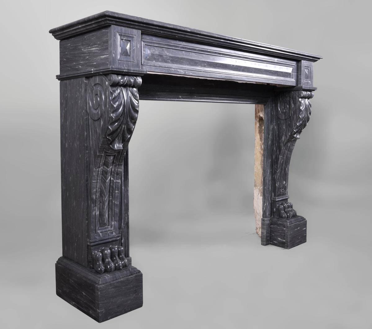 French Antique Napoleon III style fireplace in Blue Turquin marble, 19th c. For Sale