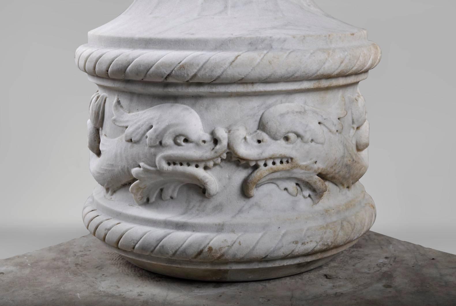 Renaissance Revival Fountain with Dolphins Decor Sculpted Out White Carrara Marble, 19th Century
