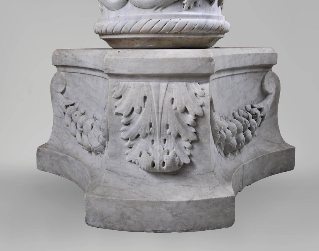 French Fountain with Dolphins Decor Sculpted Out White Carrara Marble, 19th Century