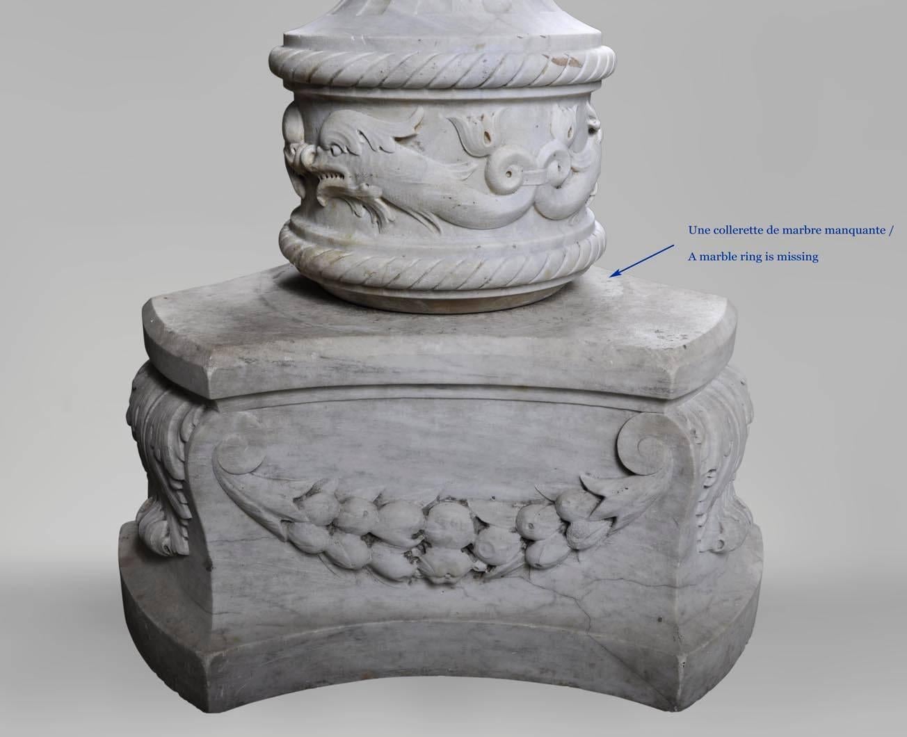 Fountain with Dolphins Decor Sculpted Out White Carrara Marble, 19th Century 3