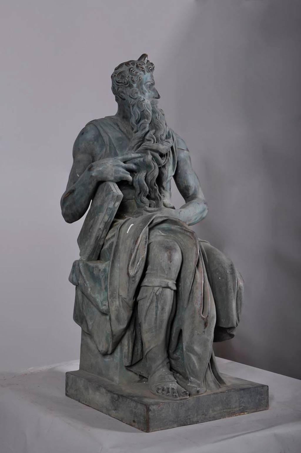 The bronze has a beautiful green patina .
It represents Moses with the tablets of stone.
This statue is made after the Michelangelo's Moses we can see in the Tomb of Pope Julius II in Roma.
Period 19th century.