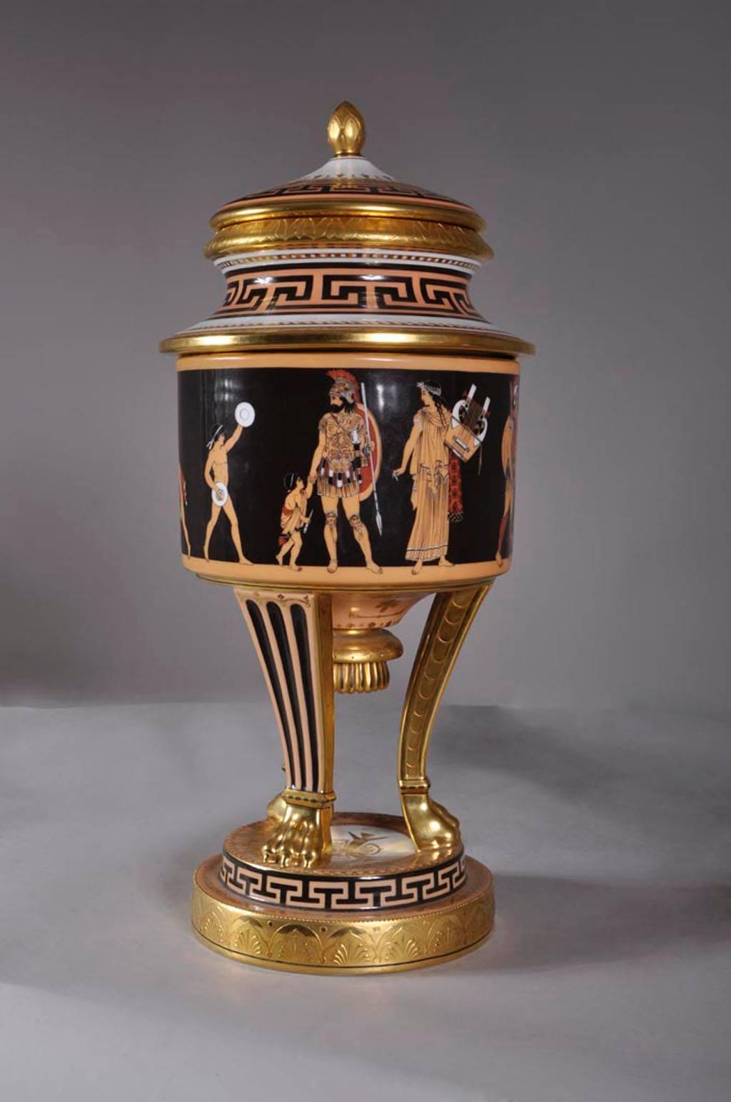 Greek Revival taste typical of the 19th century. There were manufactured by the Dresden Porcelain. The cassolette are decorated of neo-Greek scene with different characters such as a vestal, soldier, lutte player.