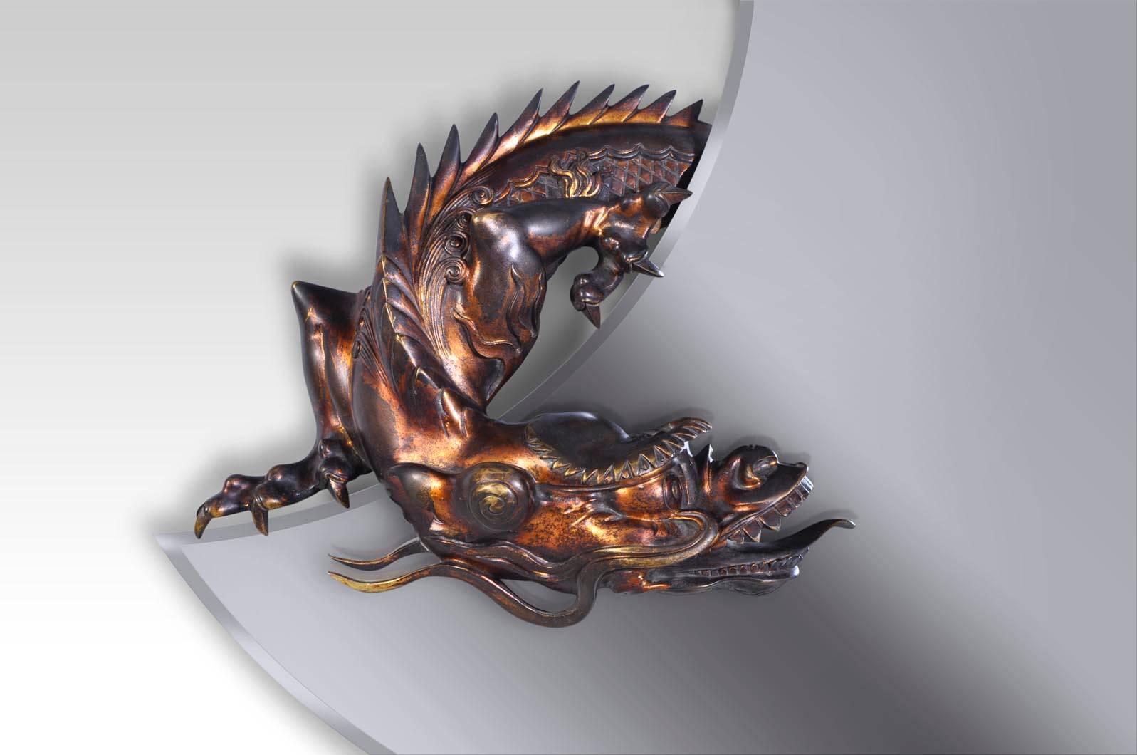This late 19th century dragon mirror is attributed to Perret and Vibert from Maison des Bambous in Paris. The dragon is realized in bronze with beautiful red patina. This mirror is characteristic of the Japonism vogue during the last 30 years of the