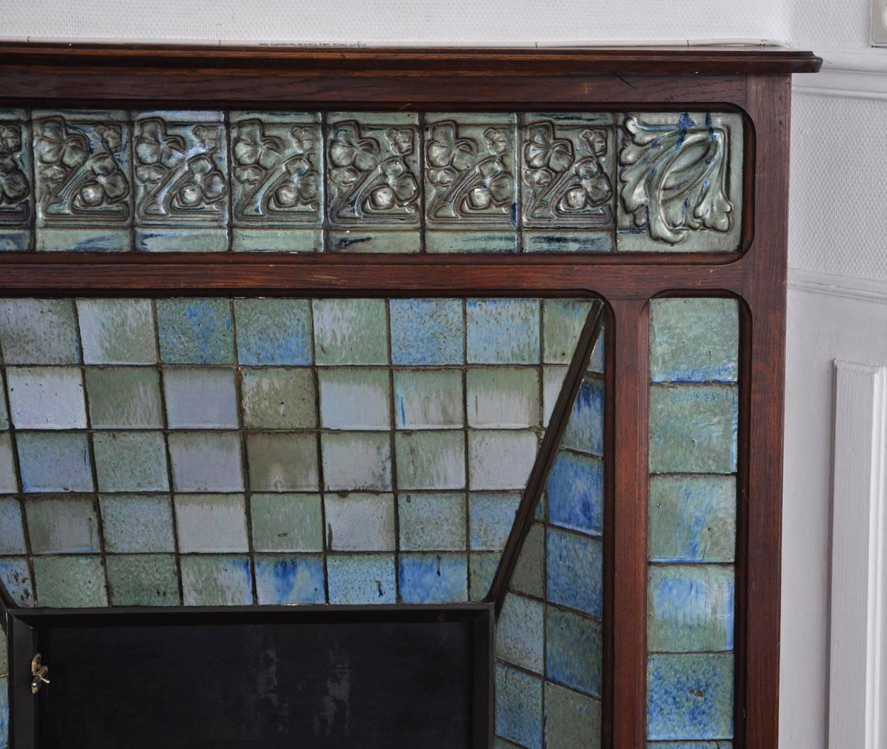 20th Century Art Nouveau Fireplace Attributed to Gentil & Bourdet Manufacture Oak and Ceramic
