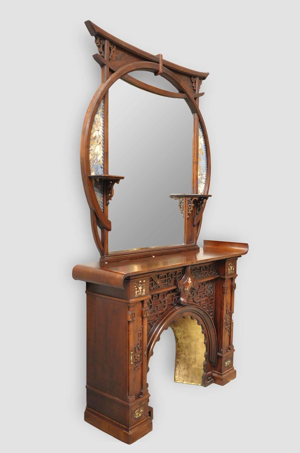 French Maison Des Bambous Attributed to, Japanese Style Fireplace in Carved Walnut