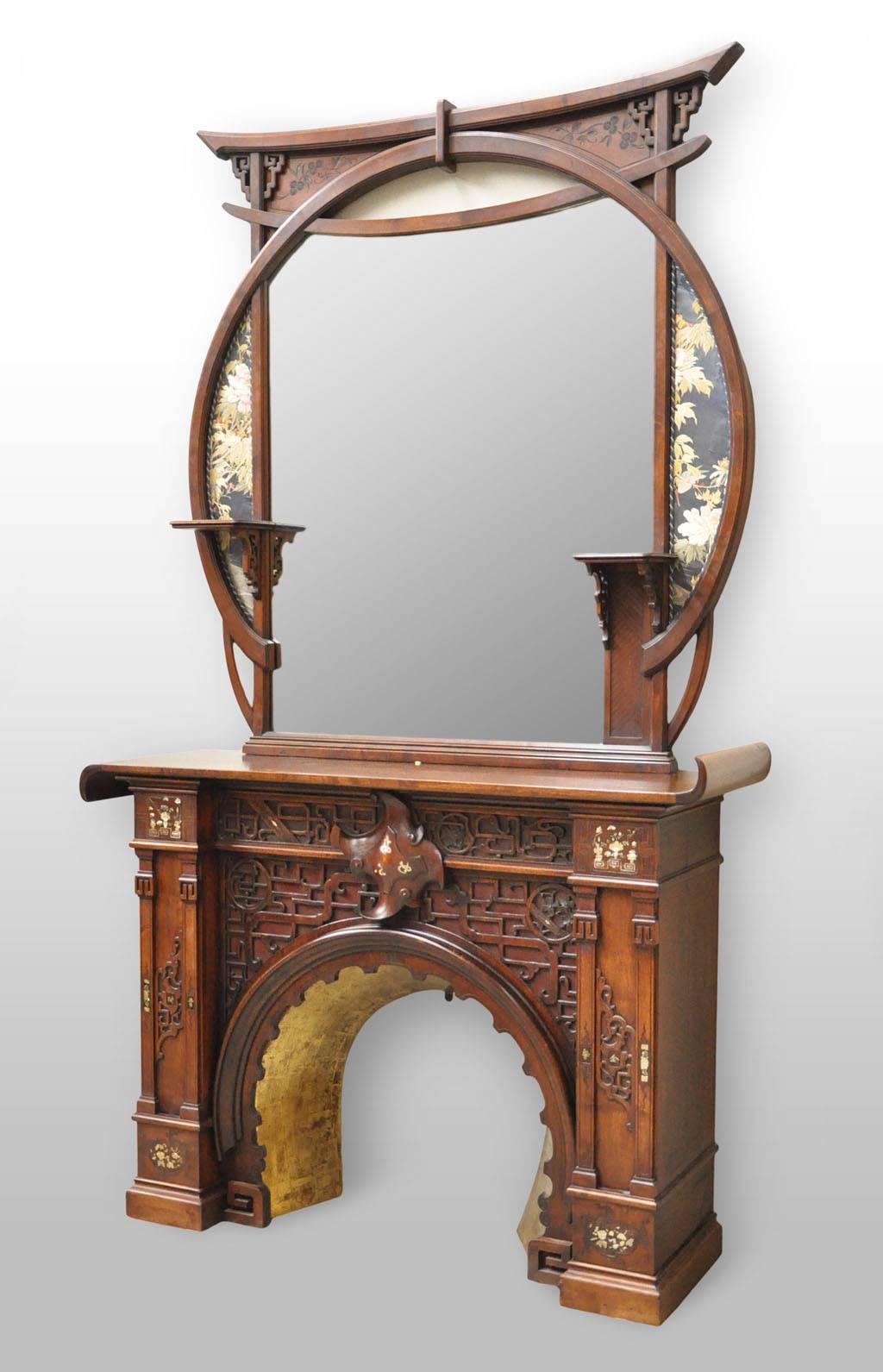 19th Century Maison Des Bambous Attributed to, Japanese Style Fireplace in Carved Walnut