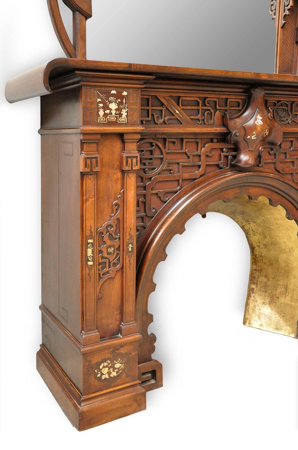 Maison Des Bambous Attributed to, Japanese Style Fireplace in Carved Walnut In Good Condition In Saint Ouen, FR