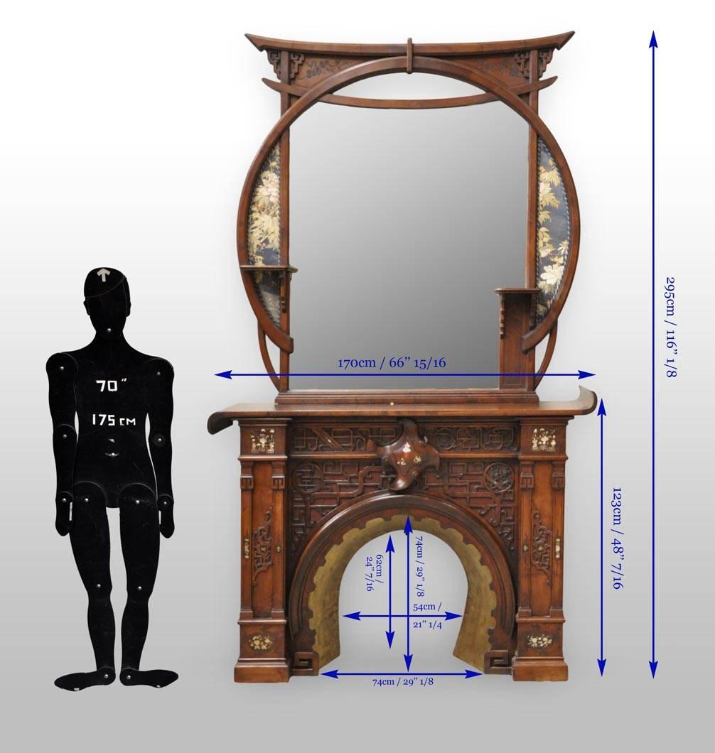 Maison Des Bambous Attributed to, Japanese Style Fireplace in Carved Walnut 3