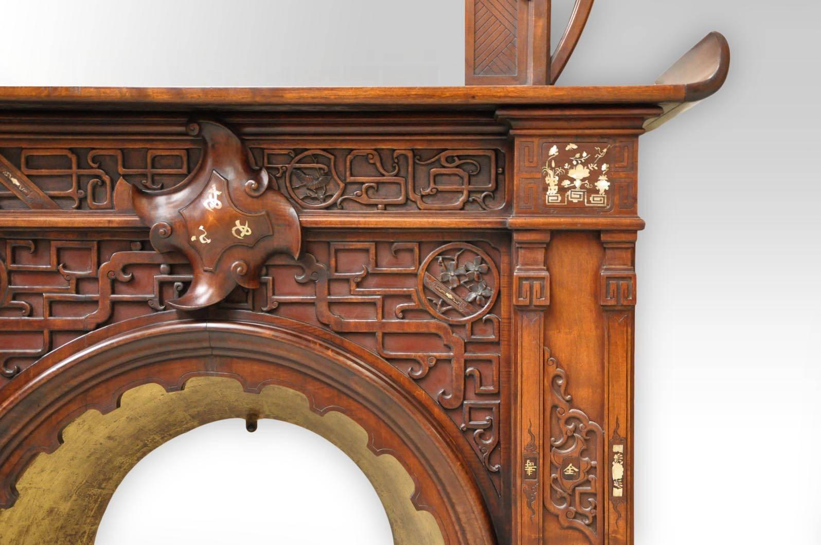 Mother-of-Pearl Maison Des Bambous Attributed to, Japanese Style Fireplace in Carved Walnut