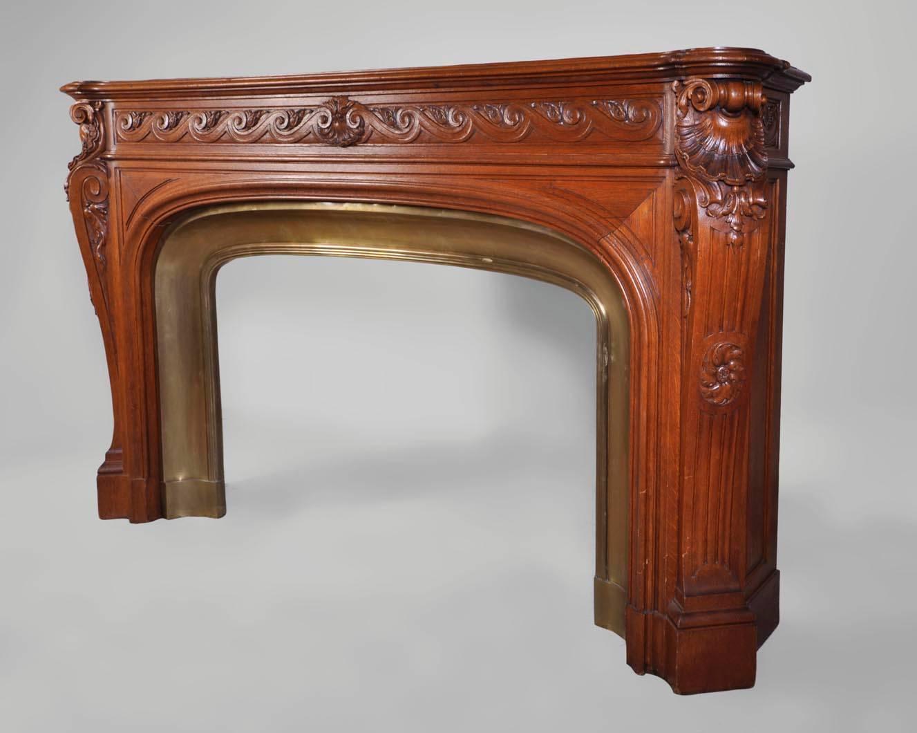 Brass Antique Napoleon III Fireplace, Carved Oakwood For Sale
