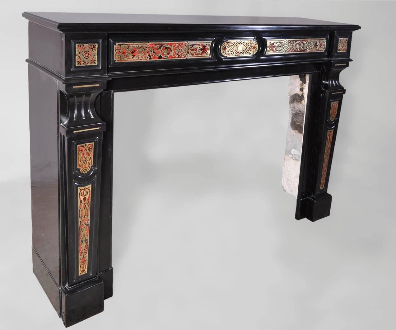 Carved Napoleon III Period Fireplace in Black from Belgium Marble and Boulle Marquetry