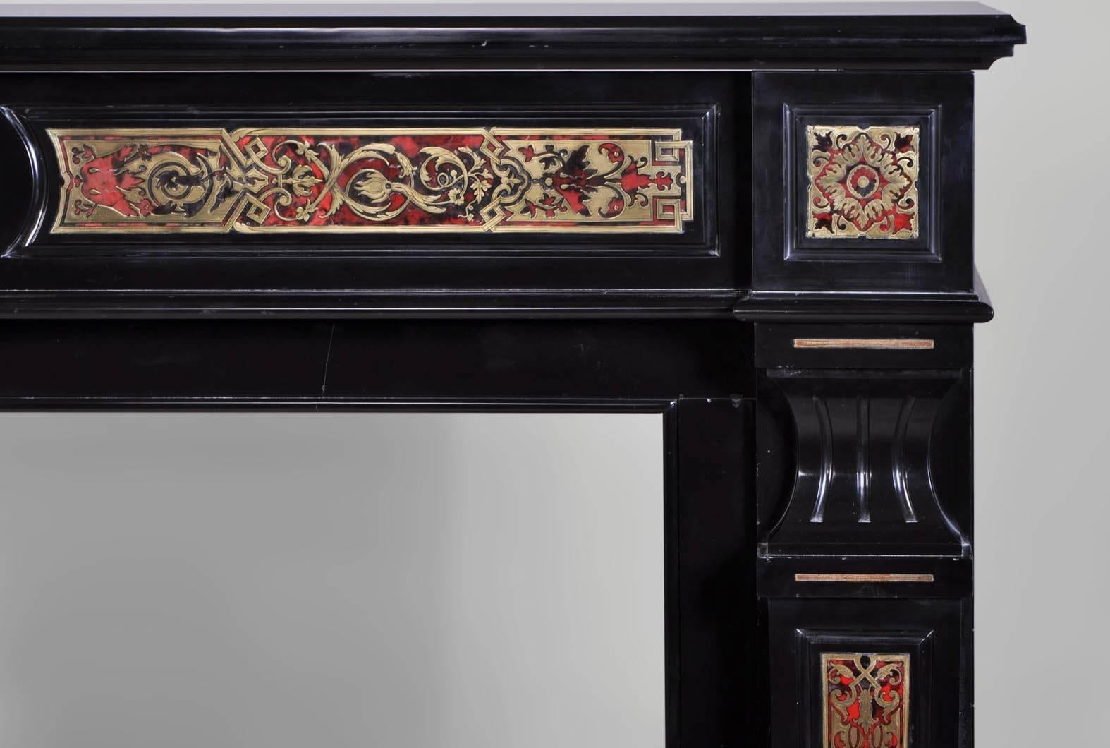 Belgian Black Marble Napoleon III Period Fireplace in Black from Belgium Marble and Boulle Marquetry