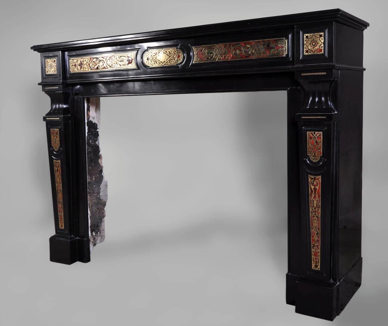 19th Century Napoleon III Period Fireplace in Black from Belgium Marble and Boulle Marquetry
