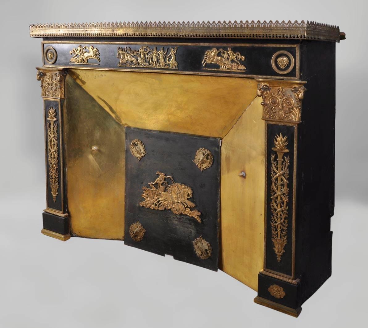 Brass Empire Style Fireplace with Gilt Bronze Ornaments, 19th Century For Sale
