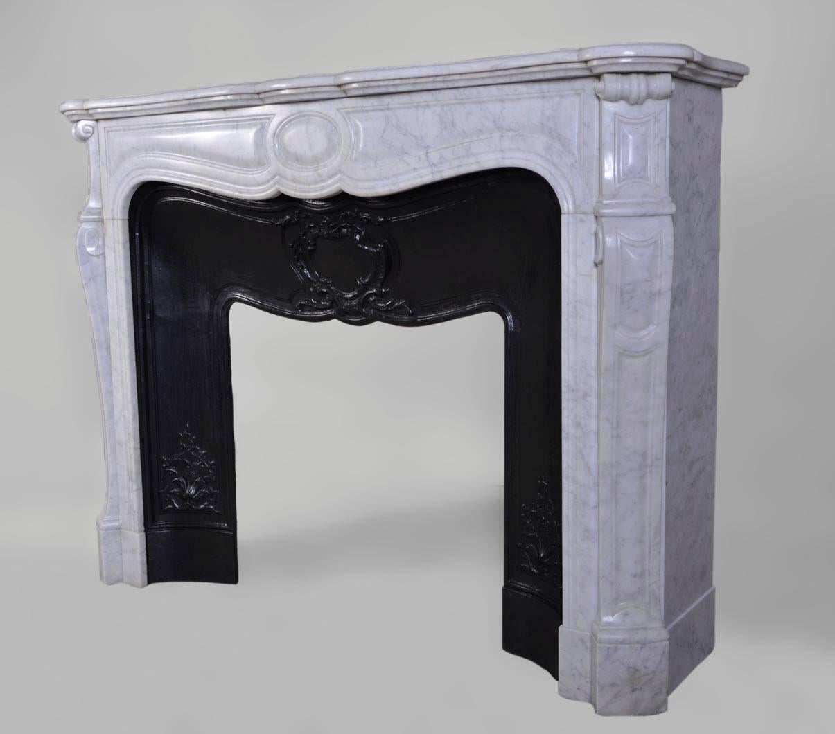 Carved Antique Pompadour Style Fireplace, White Carrara Marble with Cast Iron Insert