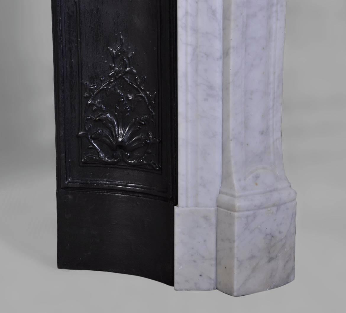19th Century Antique Pompadour Style Fireplace, White Carrara Marble with Cast Iron Insert