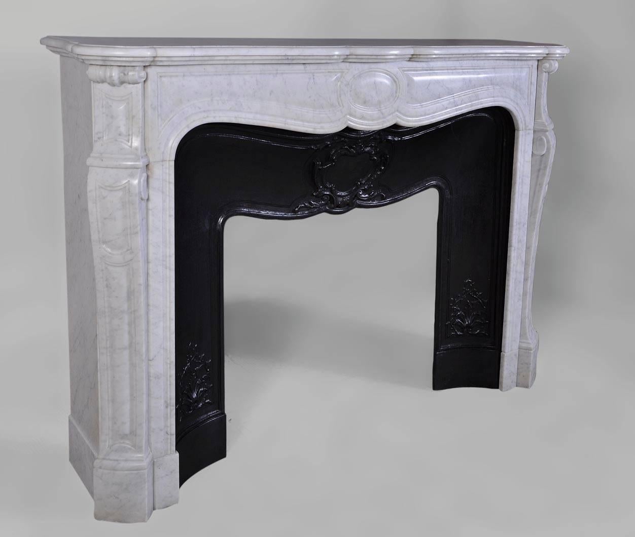 Louis XV Antique Pompadour Style Fireplace, White Carrara Marble with Cast Iron Insert