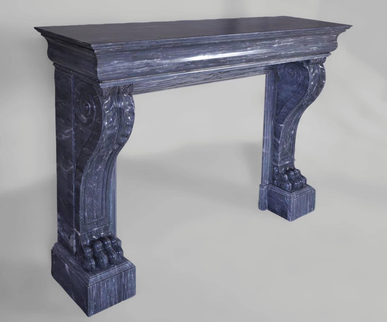 French Antique Restauration Style Fireplace with Lion's Paws in Blue Turquin Marble For Sale