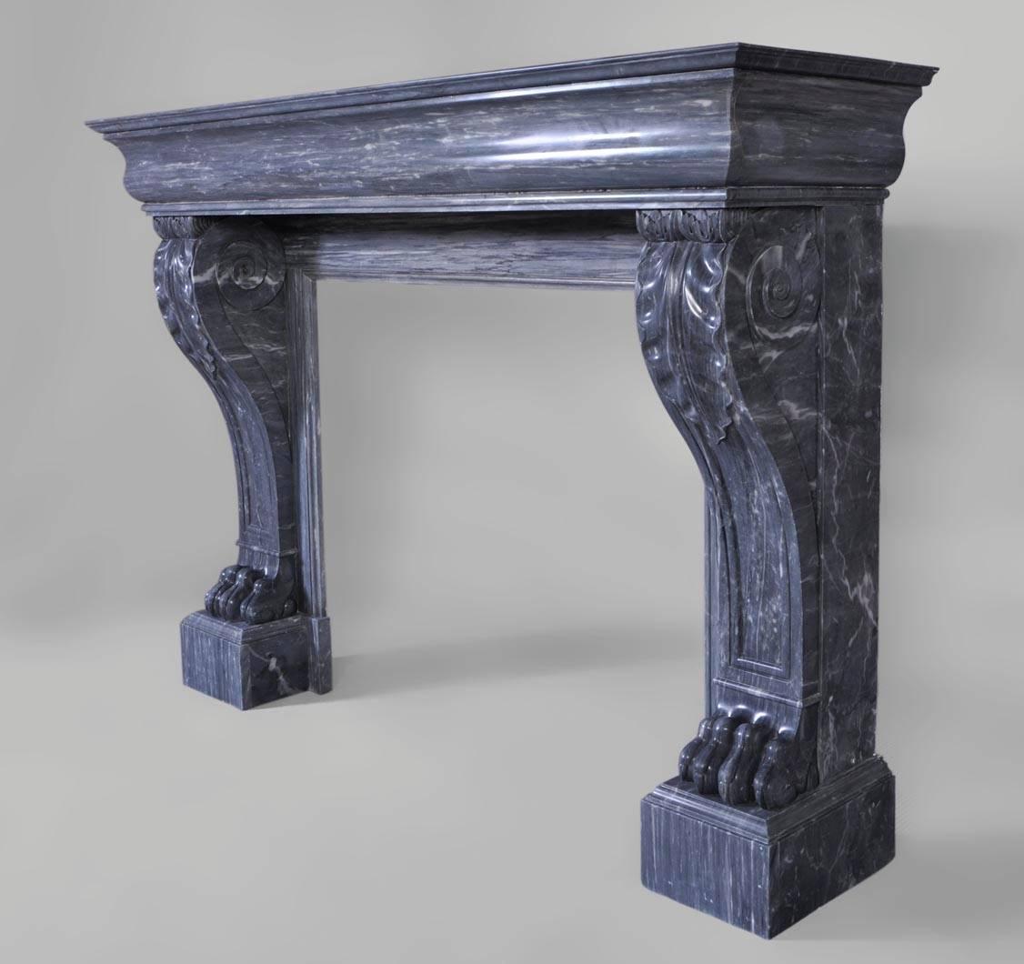 19th Century Antique Restauration Style Fireplace with Lion's Paws in Blue Turquin Marble For Sale